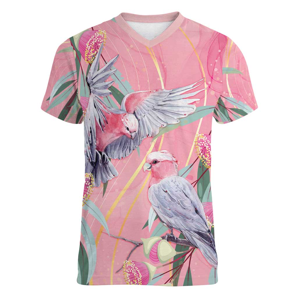 Australia Breast Cancer Awareness Women V-Neck T-Shirt Pink Galah with Eucalyptus Flowers - Aussie Hoodie