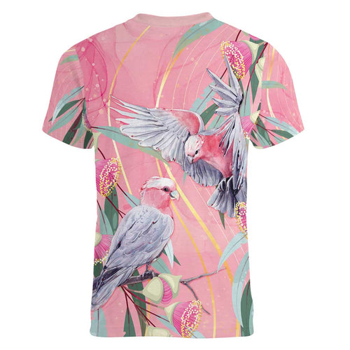 Australia Breast Cancer Awareness Women V-Neck T-Shirt Pink Galah with Eucalyptus Flowers - Aussie Hoodie