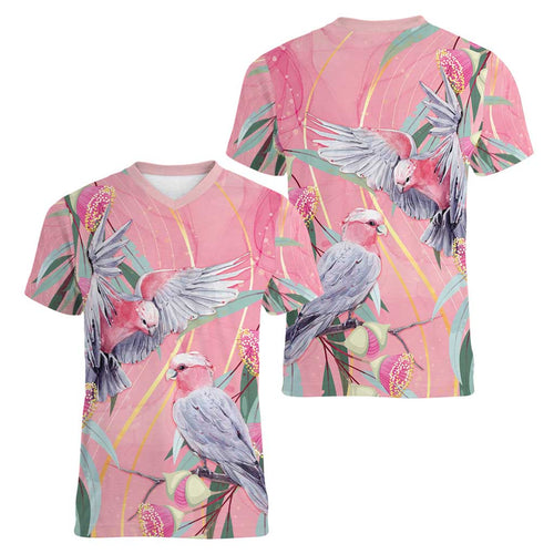 Australia Breast Cancer Awareness Women V-Neck T-Shirt Pink Galah with Eucalyptus Flowers - Aussie Hoodie