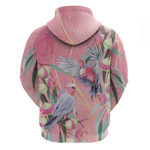 Australia Breast Cancer Awareness Zip Hoodie Pink Galah with Eucalyptus Flowers - Aussie Hoodie