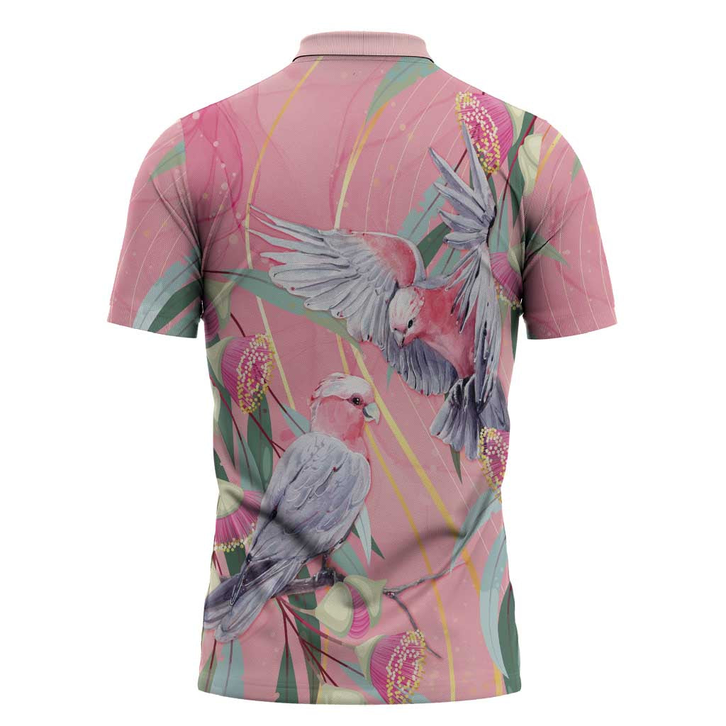Australia Breast Cancer Awareness Zipper Polo Shirt Pink Galah with Eucalyptus Flowers - Aussie Hoodie