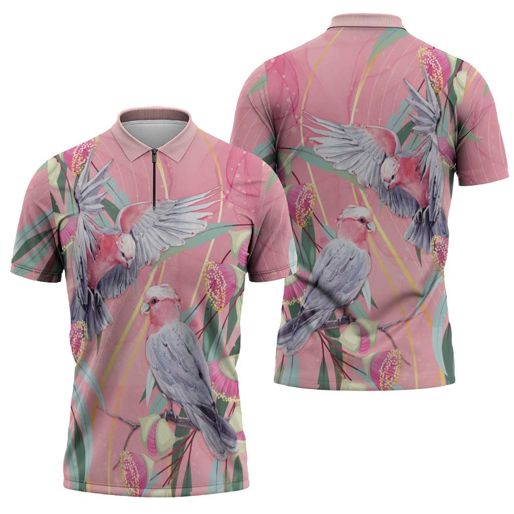 Australia Breast Cancer Awareness Zipper Polo Shirt Pink Galah with Eucalyptus Flowers - Aussie Hoodie