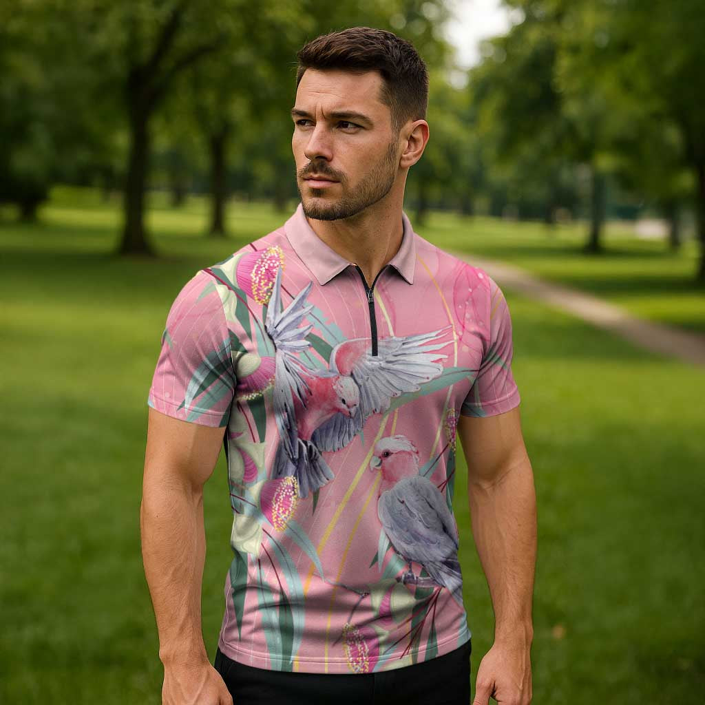 Australia Breast Cancer Awareness Zipper Polo Shirt Pink Galah with Eucalyptus Flowers - Aussie Hoodie