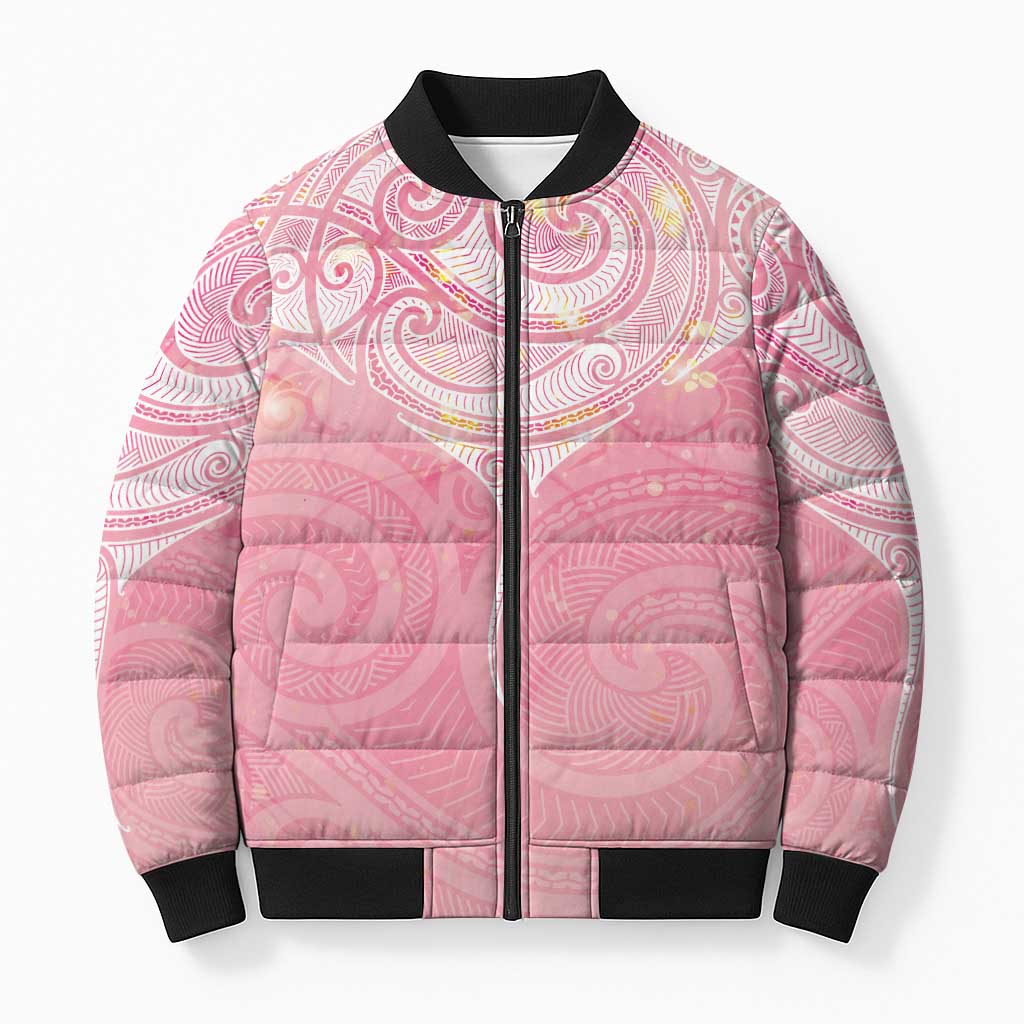 Breast Cancer Awareness Maori Aotearoa Bomber Puffer Jacket Manta Ray - Pink Glaze - Aussie Hoodie