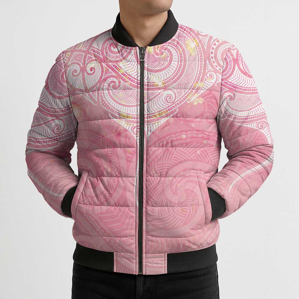 Breast Cancer Awareness Maori Aotearoa Bomber Puffer Jacket Manta Ray - Pink Glaze - Aussie Hoodie
