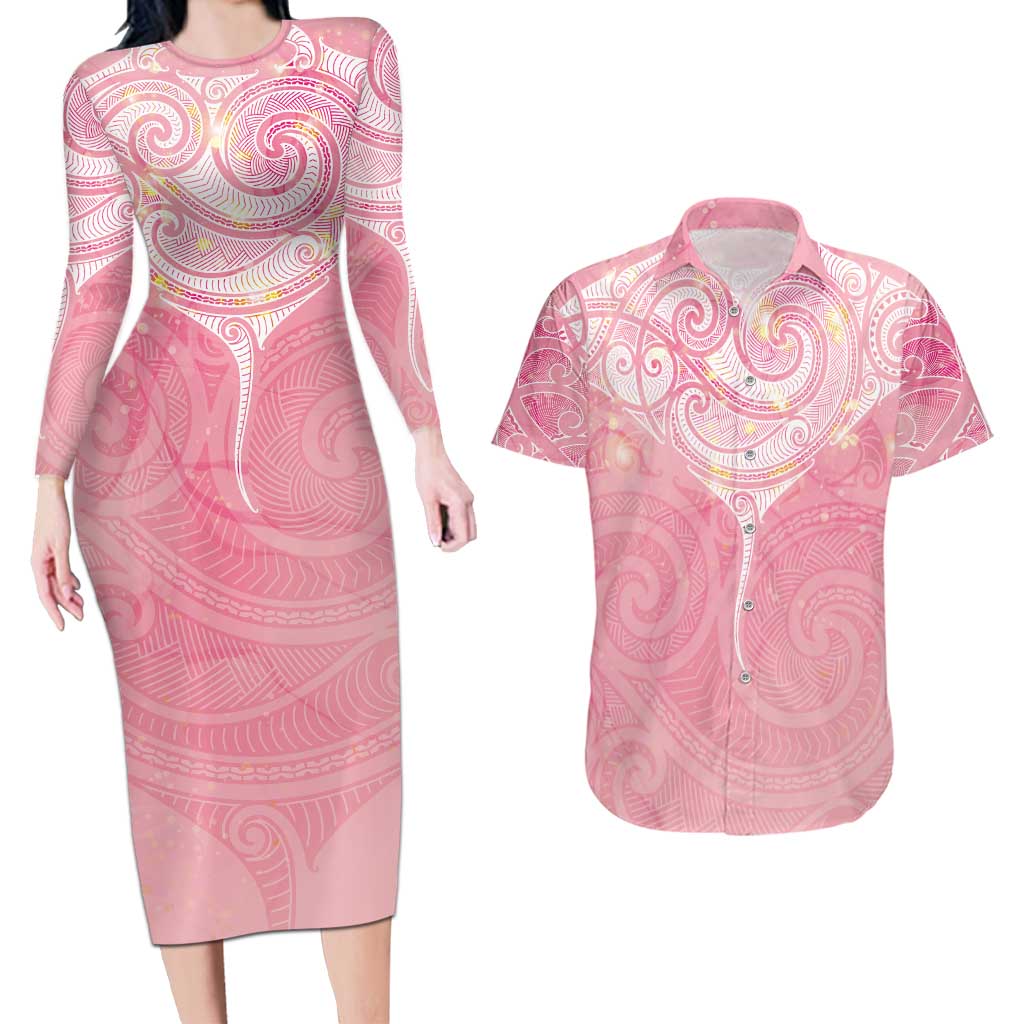 Breast Cancer Awareness Maori Aotearoa Couples Matching Long Sleeve Bodycon Dress and Hawaiian Shirt Manta Ray - Pink Glaze - Aussie Hoodie