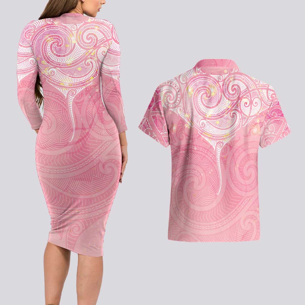 Breast Cancer Awareness Maori Aotearoa Couples Matching Long Sleeve Bodycon Dress and Hawaiian Shirt Manta Ray - Pink Glaze - Aussie Hoodie