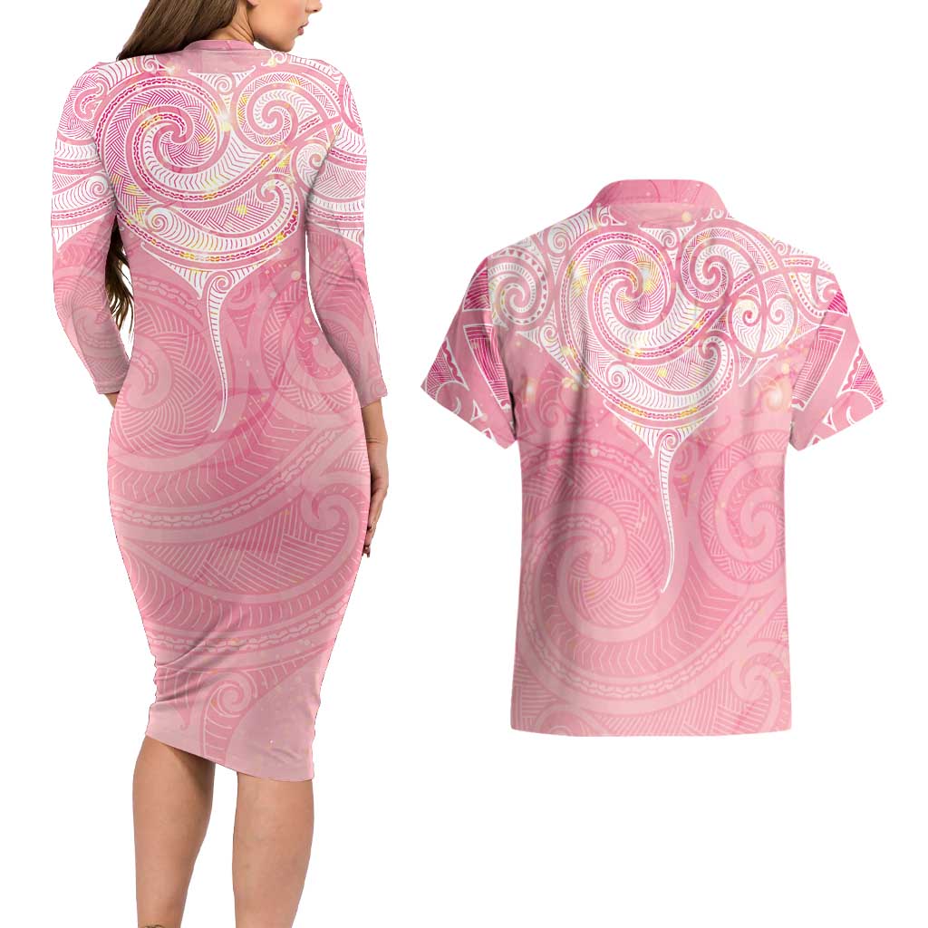 Breast Cancer Awareness Maori Aotearoa Couples Matching Long Sleeve Bodycon Dress and Hawaiian Shirt Manta Ray - Pink Glaze - Aussie Hoodie