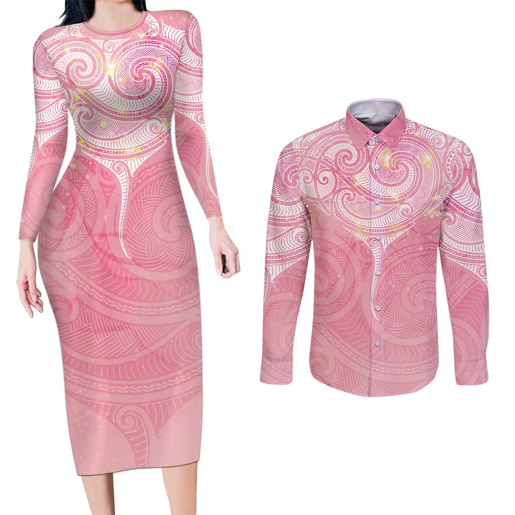 Breast Cancer Awareness Maori Aotearoa Couples Matching Long Sleeve Bodycon Dress and Long Sleeve Button Shirt Manta Ray - Pink Glaze - Aussie Hoodie