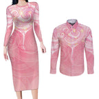 Breast Cancer Awareness Maori Aotearoa Couples Matching Long Sleeve Bodycon Dress and Long Sleeve Button Shirt Manta Ray - Pink Glaze - Aussie Hoodie