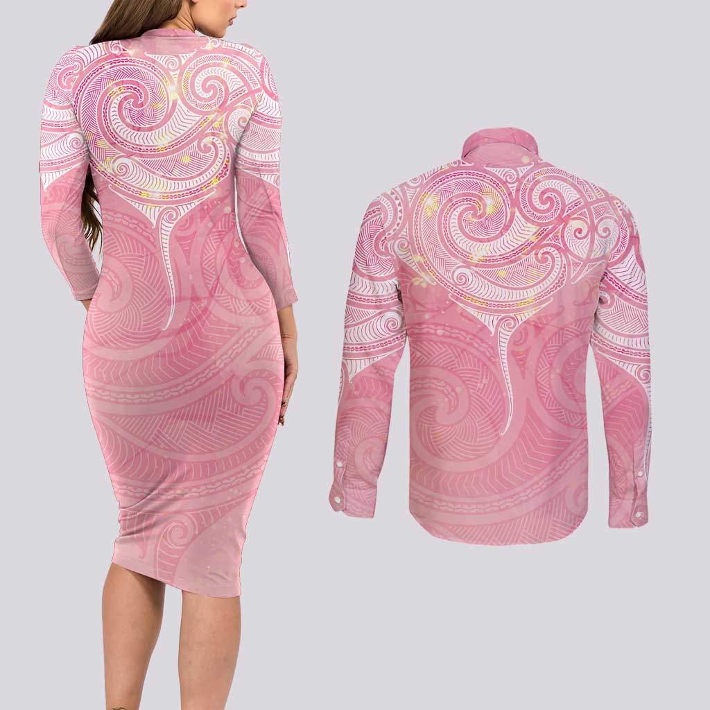 Breast Cancer Awareness Maori Aotearoa Couples Matching Long Sleeve Bodycon Dress and Long Sleeve Button Shirt Manta Ray - Pink Glaze - Aussie Hoodie