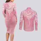 Breast Cancer Awareness Maori Aotearoa Couples Matching Long Sleeve Bodycon Dress and Long Sleeve Button Shirt Manta Ray - Pink Glaze - Aussie Hoodie