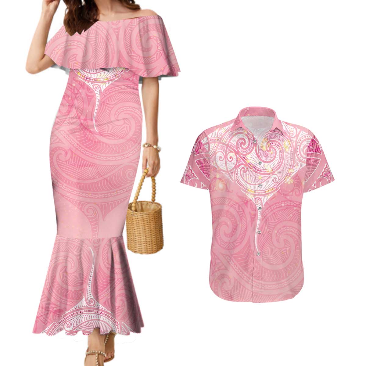 Breast Cancer Awareness Maori Aotearoa Couples Matching Mermaid Dress and Hawaiian Shirt Manta Ray - Pink Glaze - Aussie Hoodie
