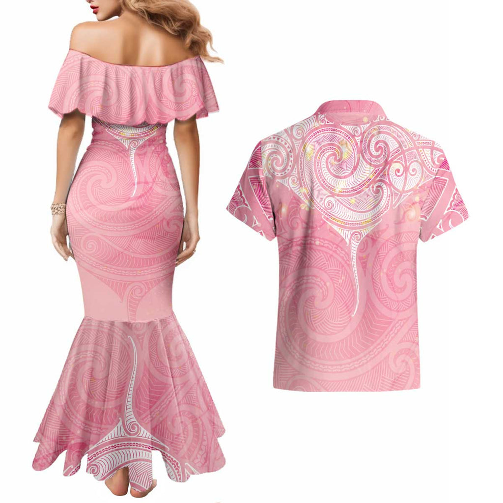Breast Cancer Awareness Maori Aotearoa Couples Matching Mermaid Dress and Hawaiian Shirt Manta Ray - Pink Glaze - Aussie Hoodie