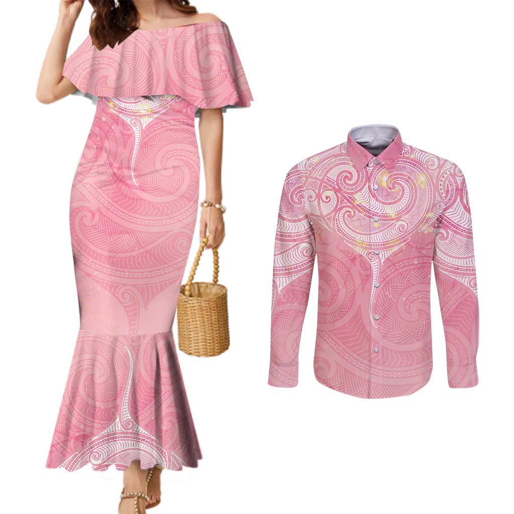 Breast Cancer Awareness Maori Aotearoa Couples Matching Mermaid Dress and Long Sleeve Button Shirt Manta Ray - Pink Glaze - Aussie Hoodie