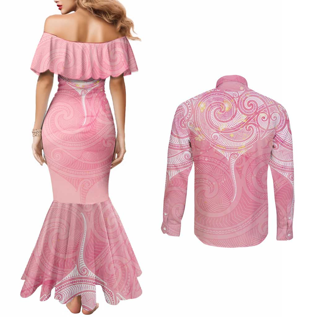 Breast Cancer Awareness Maori Aotearoa Couples Matching Mermaid Dress and Long Sleeve Button Shirt Manta Ray - Pink Glaze - Aussie Hoodie