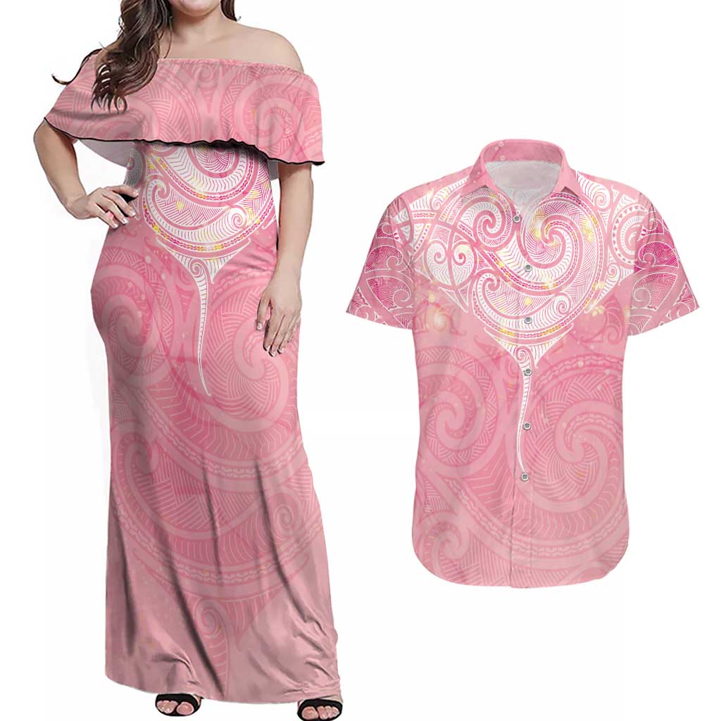 Breast Cancer Awareness Maori Aotearoa Couples Matching Off Shoulder Maxi Dress and Hawaiian Shirt Manta Ray - Pink Glaze - Aussie Hoodie