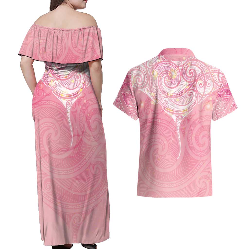 Breast Cancer Awareness Maori Aotearoa Couples Matching Off Shoulder Maxi Dress and Hawaiian Shirt Manta Ray - Pink Glaze - Aussie Hoodie