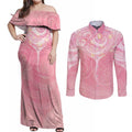 Breast Cancer Awareness Maori Aotearoa Couples Matching Off Shoulder Maxi Dress and Long Sleeve Button Shirt Manta Ray - Pink Glaze - Aussie Hoodie