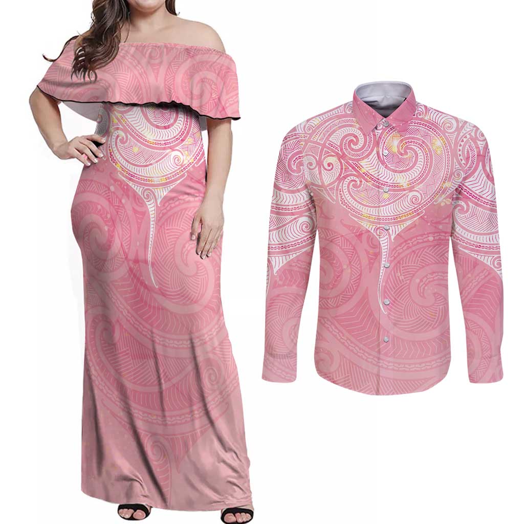 Breast Cancer Awareness Maori Aotearoa Couples Matching Off Shoulder Maxi Dress and Long Sleeve Button Shirt Manta Ray - Pink Glaze - Aussie Hoodie