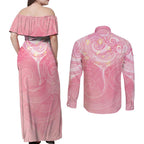 Breast Cancer Awareness Maori Aotearoa Couples Matching Off Shoulder Maxi Dress and Long Sleeve Button Shirt Manta Ray - Pink Glaze - Aussie Hoodie