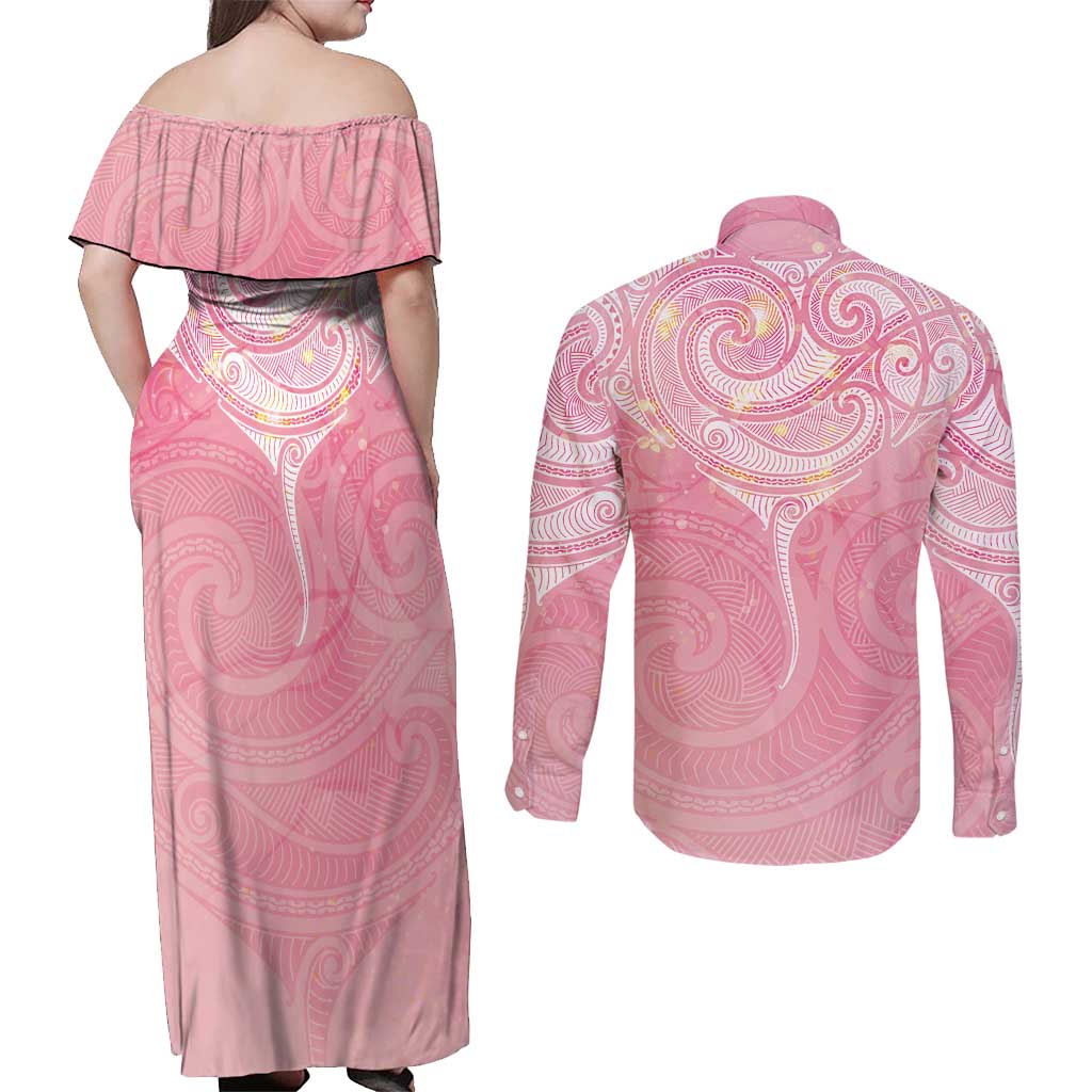 Breast Cancer Awareness Maori Aotearoa Couples Matching Off Shoulder Maxi Dress and Long Sleeve Button Shirt Manta Ray - Pink Glaze - Aussie Hoodie
