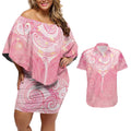 Breast Cancer Awareness Maori Aotearoa Couples Matching Off Shoulder Short Dress and Hawaiian Shirt Manta Ray - Pink Glaze - Aussie Hoodie