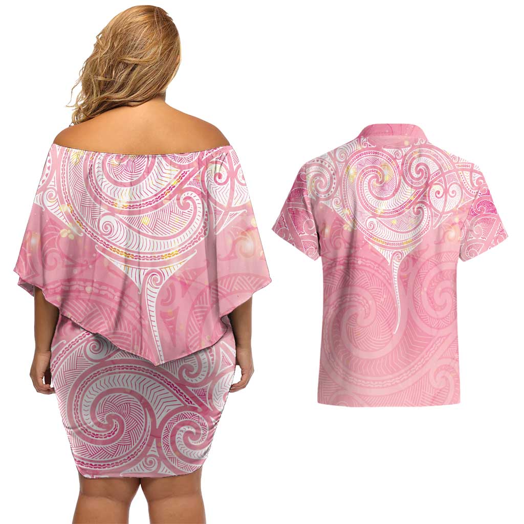 Breast Cancer Awareness Maori Aotearoa Couples Matching Off Shoulder Short Dress and Hawaiian Shirt Manta Ray - Pink Glaze - Aussie Hoodie