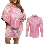 Breast Cancer Awareness Maori Aotearoa Couples Matching Off Shoulder Short Dress and Long Sleeve Button Shirt Manta Ray - Pink Glaze - Aussie Hoodie