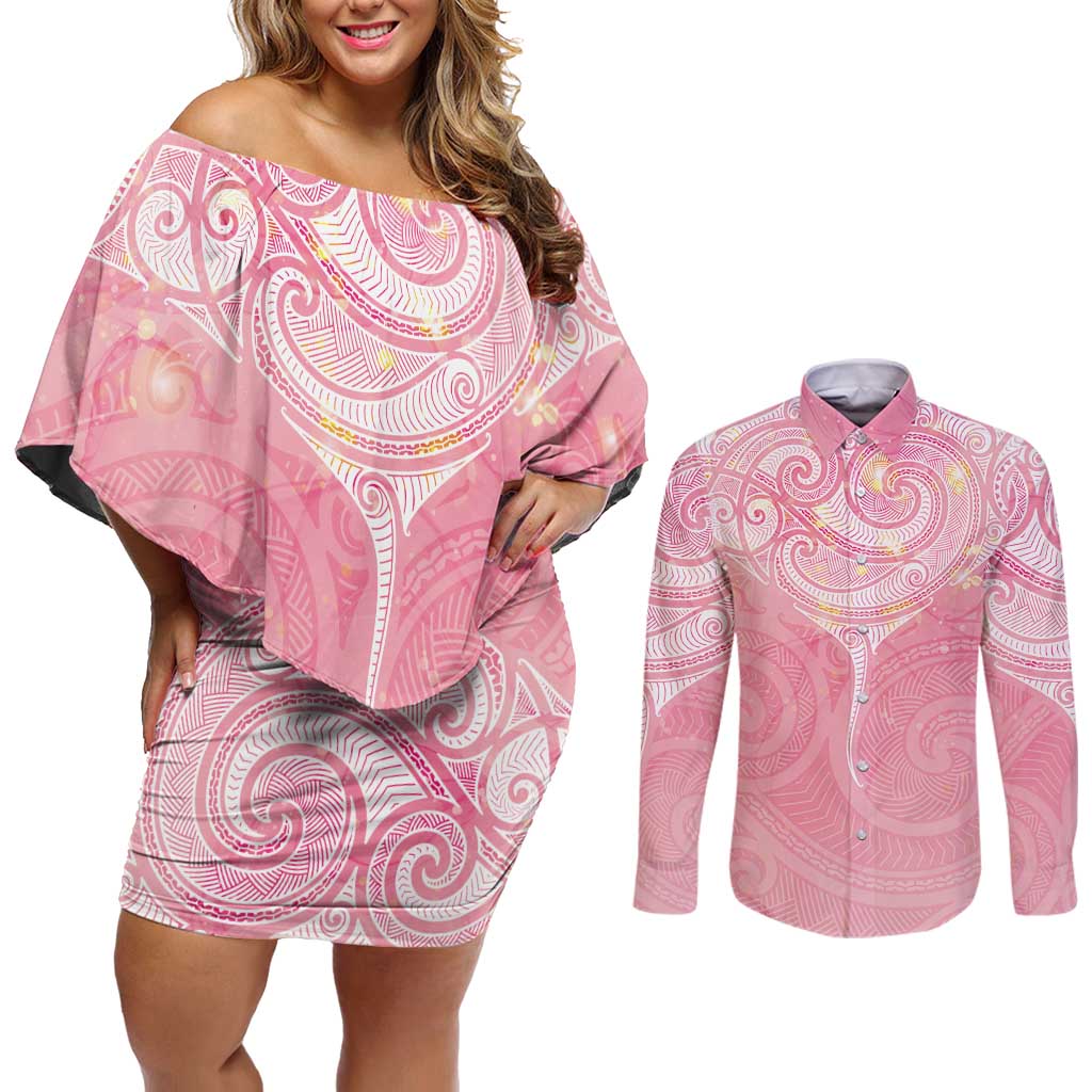 Breast Cancer Awareness Maori Aotearoa Couples Matching Off Shoulder Short Dress and Long Sleeve Button Shirt Manta Ray - Pink Glaze - Aussie Hoodie