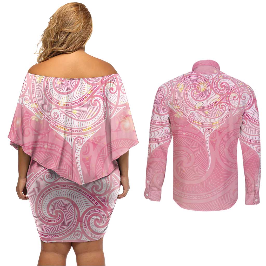 Breast Cancer Awareness Maori Aotearoa Couples Matching Off Shoulder Short Dress and Long Sleeve Button Shirt Manta Ray - Pink Glaze - Aussie Hoodie