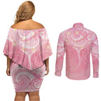 Breast Cancer Awareness Maori Aotearoa Couples Matching Off Shoulder Short Dress and Long Sleeve Button Shirt Manta Ray - Pink Glaze - Aussie Hoodie
