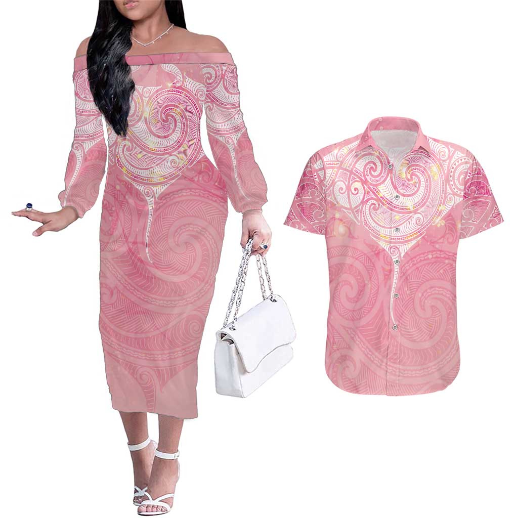 Breast Cancer Awareness Maori Aotearoa Couples Matching Off The Shoulder Long Sleeve Dress and Hawaiian Shirt Manta Ray - Pink Glaze - Aussie Hoodie
