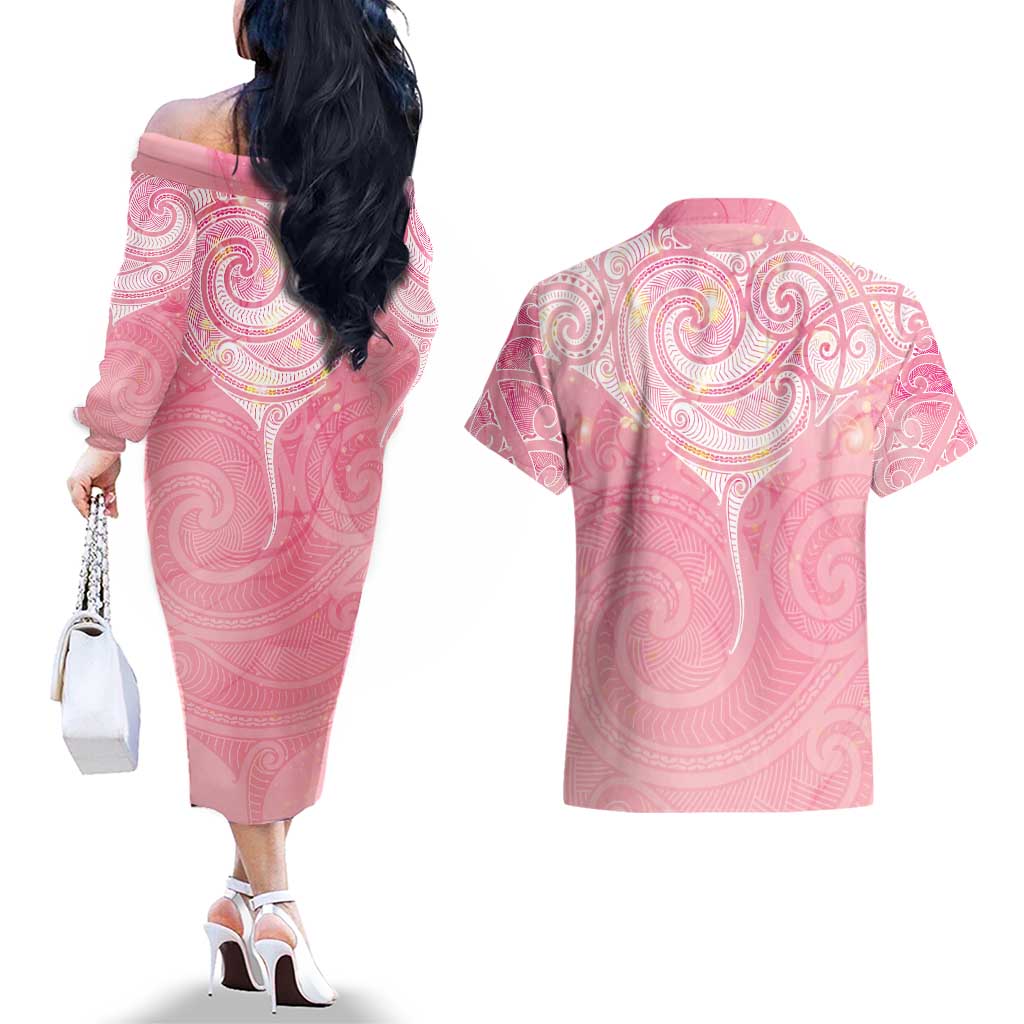 Breast Cancer Awareness Maori Aotearoa Couples Matching Off The Shoulder Long Sleeve Dress and Hawaiian Shirt Manta Ray - Pink Glaze - Aussie Hoodie