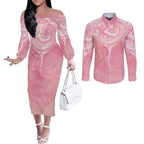 Breast Cancer Awareness Maori Aotearoa Couples Matching Off The Shoulder Long Sleeve Dress and Long Sleeve Button Shirt Manta Ray - Pink Glaze - Aussie Hoodie