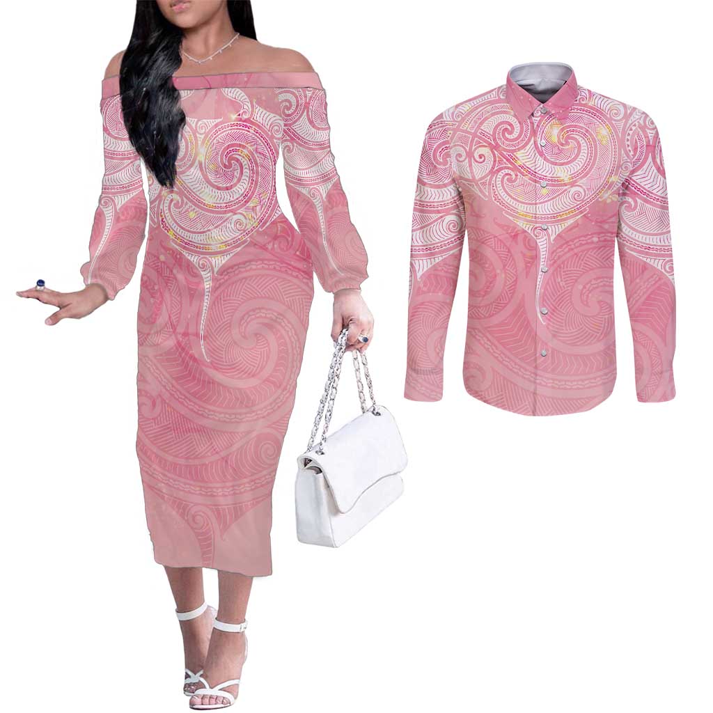 Breast Cancer Awareness Maori Aotearoa Couples Matching Off The Shoulder Long Sleeve Dress and Long Sleeve Button Shirt Manta Ray - Pink Glaze - Aussie Hoodie