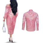 Breast Cancer Awareness Maori Aotearoa Couples Matching Off The Shoulder Long Sleeve Dress and Long Sleeve Button Shirt Manta Ray - Pink Glaze - Aussie Hoodie