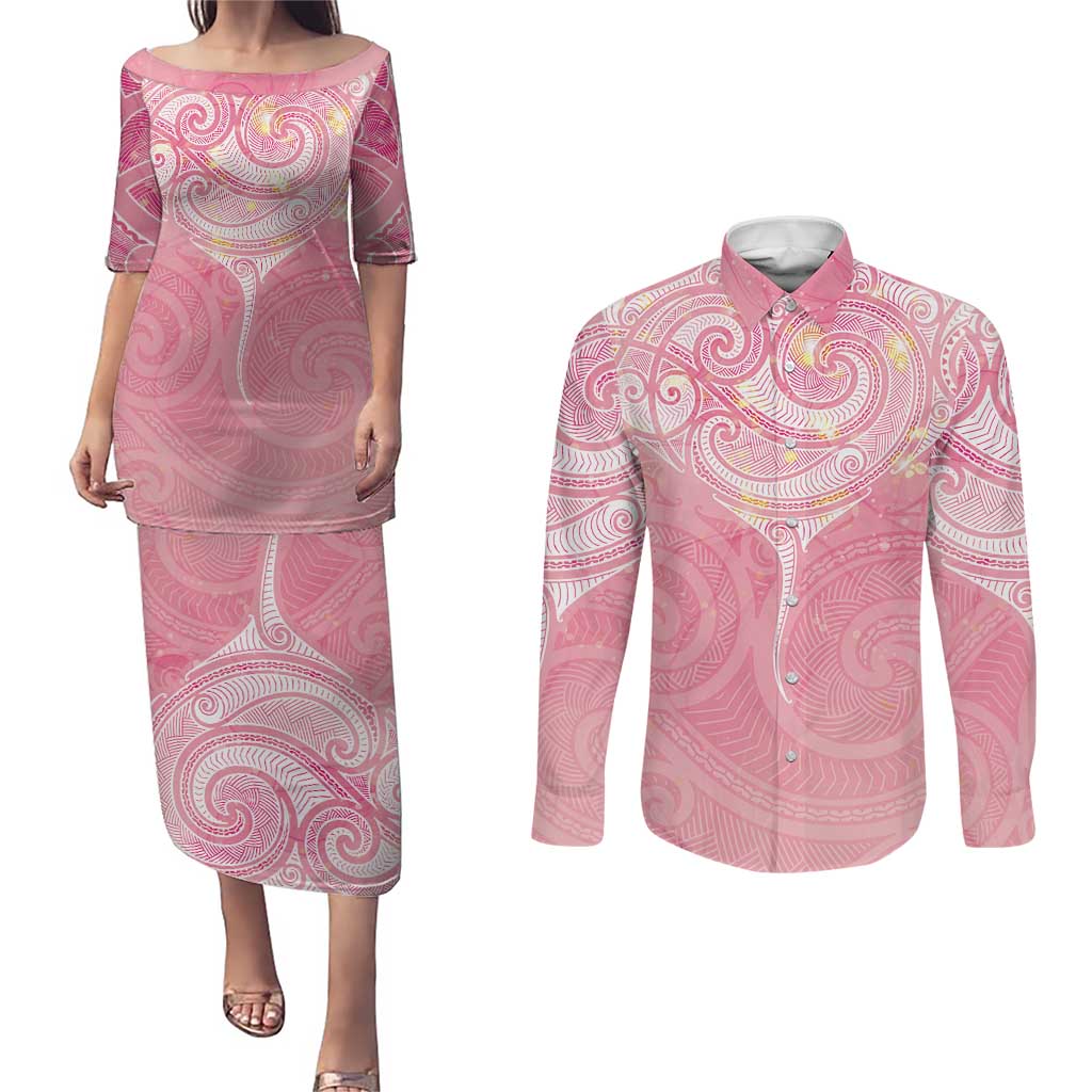 Breast Cancer Awareness Maori Aotearoa Couples Matching Puletasi and Long Sleeve Button Shirt Manta Ray - Pink Glaze - Aussie Hoodie