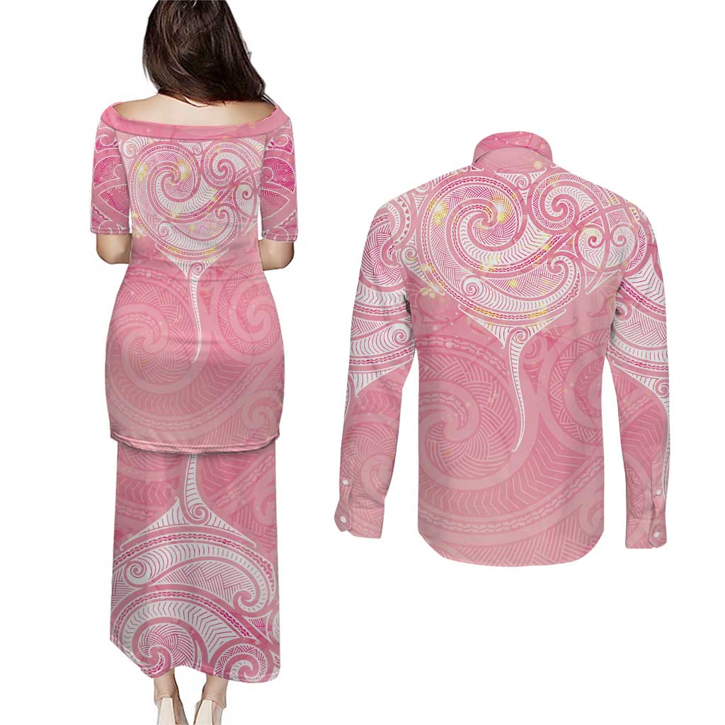 Breast Cancer Awareness Maori Aotearoa Couples Matching Puletasi and Long Sleeve Button Shirt Manta Ray - Pink Glaze - Aussie Hoodie