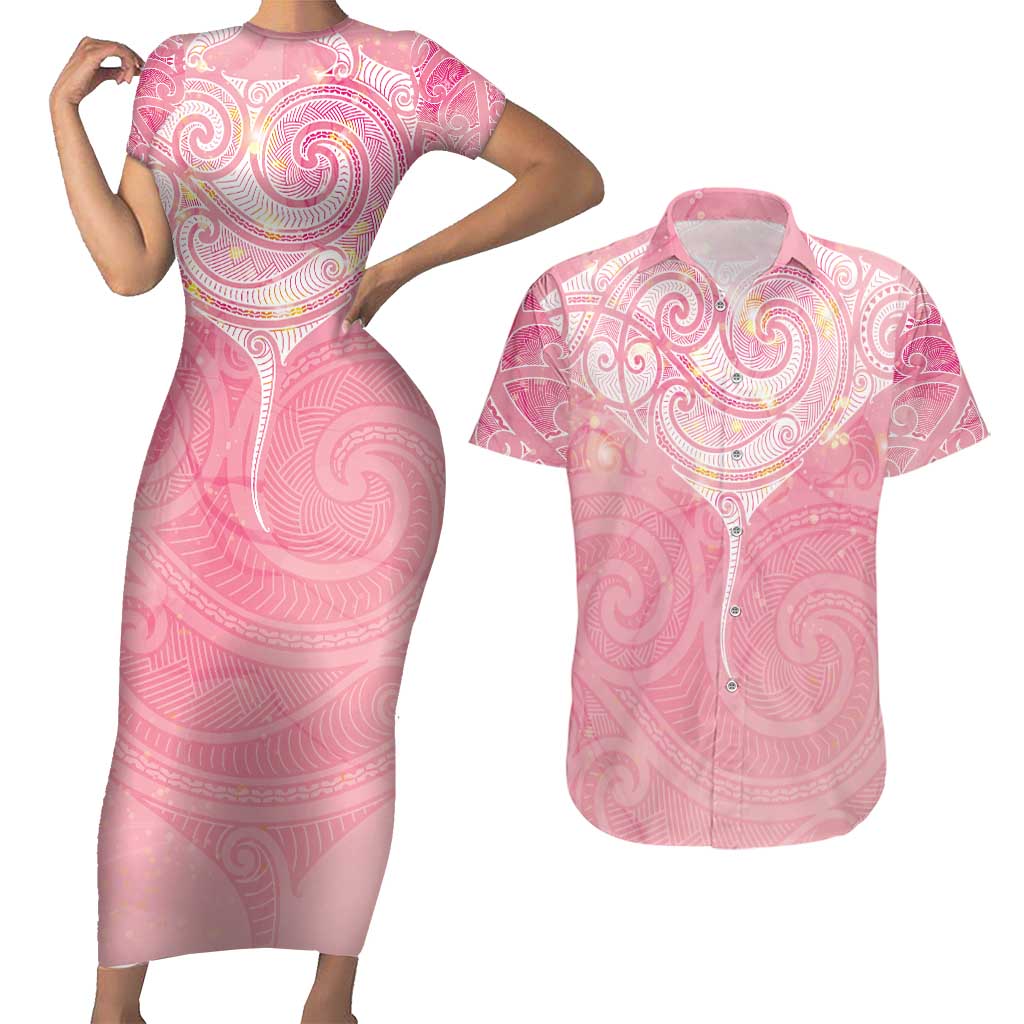 Breast Cancer Awareness Maori Aotearoa Couples Matching Short Sleeve Bodycon Dress and Hawaiian Shirt Manta Ray - Pink Glaze - Aussie Hoodie