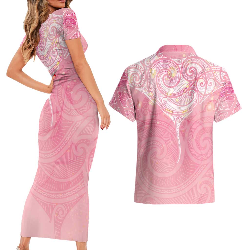 Breast Cancer Awareness Maori Aotearoa Couples Matching Short Sleeve Bodycon Dress and Hawaiian Shirt Manta Ray - Pink Glaze - Aussie Hoodie