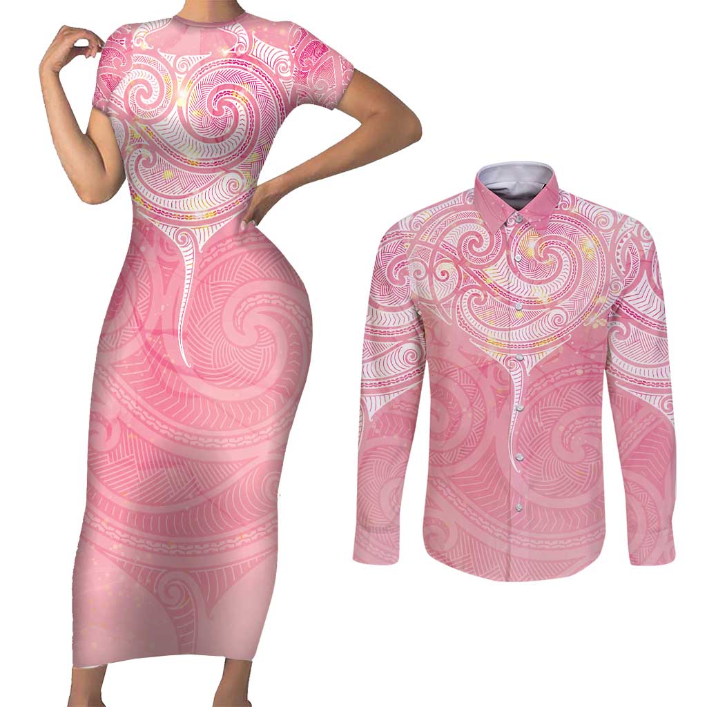 Breast Cancer Awareness Maori Aotearoa Couples Matching Short Sleeve Bodycon Dress and Long Sleeve Button Shirt Manta Ray - Pink Glaze - Aussie Hoodie