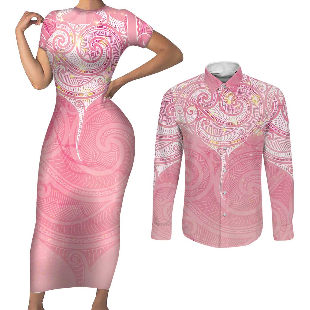 Breast Cancer Awareness Maori Aotearoa Couples Matching Short Sleeve Bodycon Dress and Long Sleeve Button Shirt Manta Ray - Pink Glaze - Aussie Hoodie