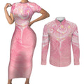 Breast Cancer Awareness Maori Aotearoa Couples Matching Short Sleeve Bodycon Dress and Long Sleeve Button Shirt Manta Ray - Pink Glaze - Aussie Hoodie