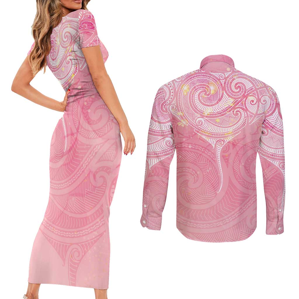 Breast Cancer Awareness Maori Aotearoa Couples Matching Short Sleeve Bodycon Dress and Long Sleeve Button Shirt Manta Ray - Pink Glaze - Aussie Hoodie