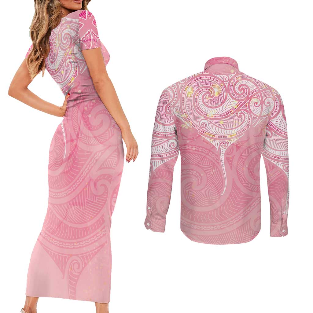 Breast Cancer Awareness Maori Aotearoa Couples Matching Short Sleeve Bodycon Dress and Long Sleeve Button Shirt Manta Ray - Pink Glaze - Aussie Hoodie