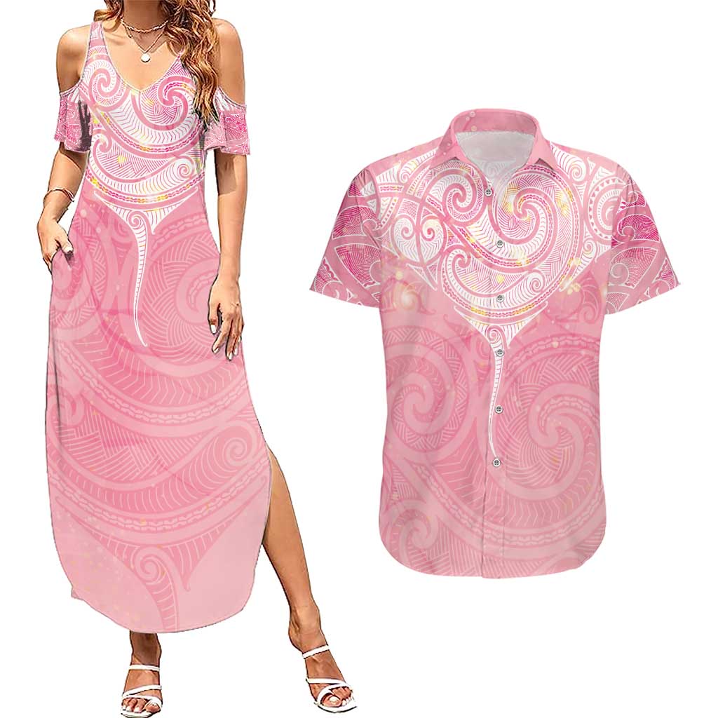 Breast Cancer Awareness Maori Aotearoa Couples Matching Summer Maxi Dress and Hawaiian Shirt Manta Ray - Pink Glaze - Aussie Hoodie