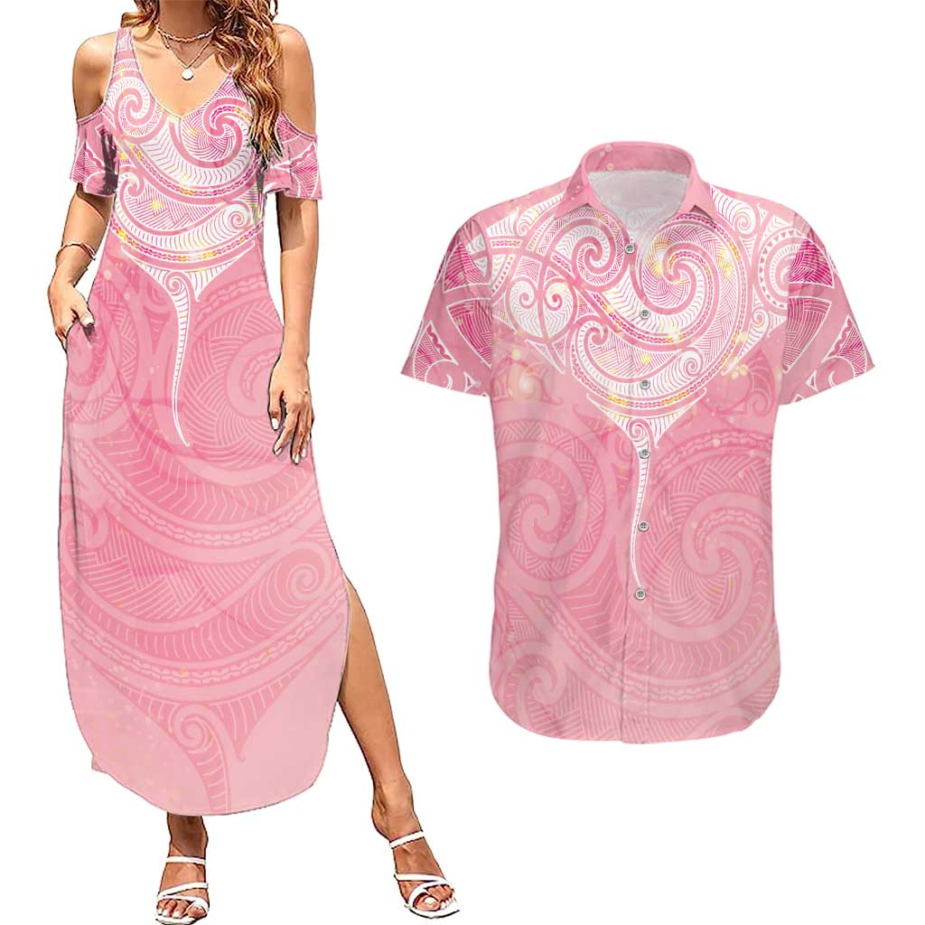 Breast Cancer Awareness Maori Aotearoa Couples Matching Summer Maxi Dress and Hawaiian Shirt Manta Ray - Pink Glaze - Aussie Hoodie
