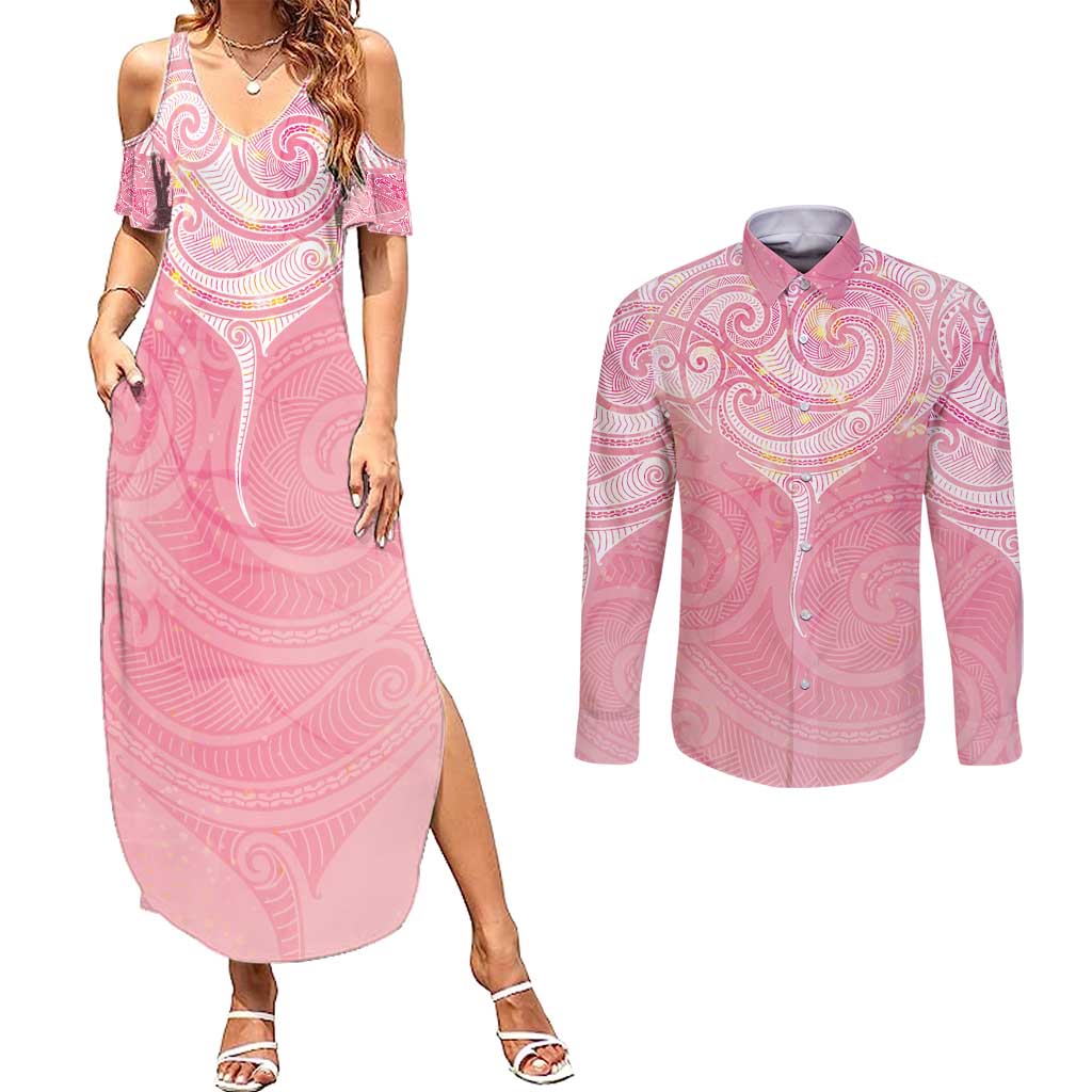 Breast Cancer Awareness Maori Aotearoa Couples Matching Summer Maxi Dress and Long Sleeve Button Shirt Manta Ray - Pink Glaze - Aussie Hoodie