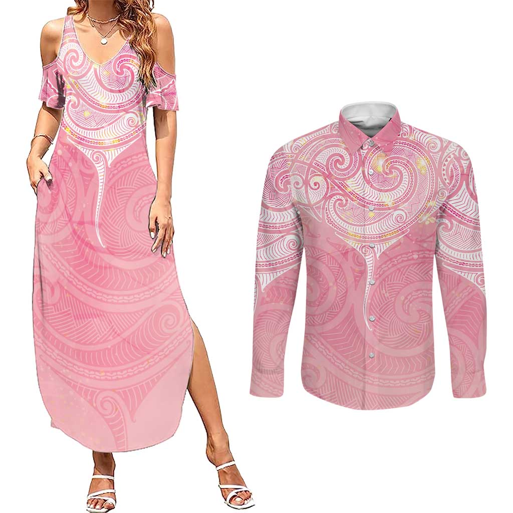 Breast Cancer Awareness Maori Aotearoa Couples Matching Summer Maxi Dress and Long Sleeve Button Shirt Manta Ray - Pink Glaze - Aussie Hoodie